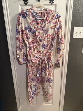 Mango Cream Floral Button-Front Midi Dress with Pink & Blue Accents